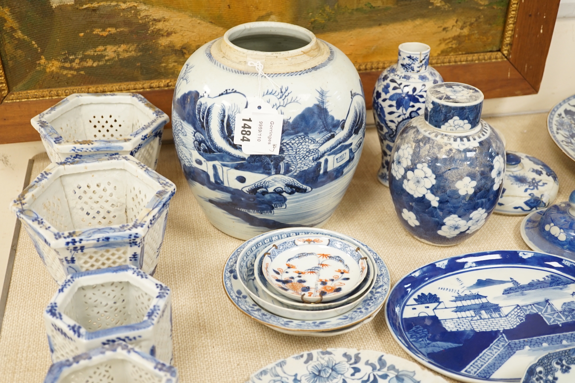 A large collection of Chinese blue and white export plates, a blanc de chine figure, two vases, a jar and five Japanese planters, jar 24cm high (a.f.)